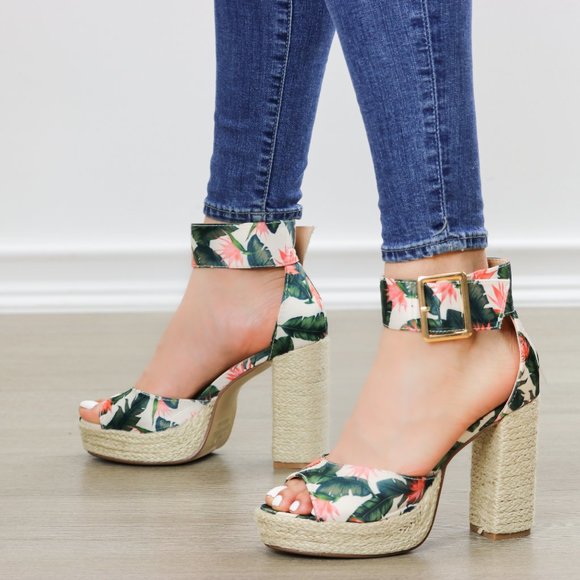 Floral Print Platform Espadrilles, Ankle Buckle - Picture 4 of 9